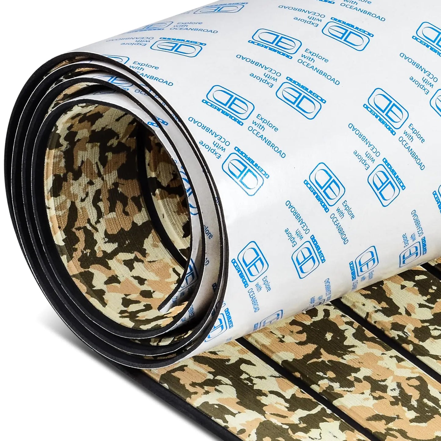 OCEANBROAD Self-Adhesive Camouflage Boat Flooring Sheet 48x16.8‘ Faux Teak EVA Foam Marine Non-Slip Pad Camo Decking for MotorBoats Yacht Helm Pad Jon Boat Floor Camouflage Brown