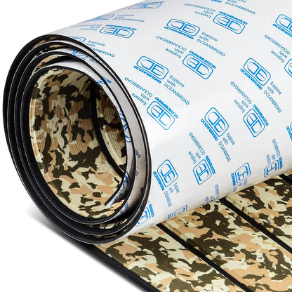 OCEANBROAD Self-Adhesive Camouflage Boat Flooring Sheet 48x16.8‘ Faux Teak EVA Foam Marine Non-Slip Pad Camo Decking for MotorBoats Yacht Helm Pad Jon Boat Floor Camouflage Brown