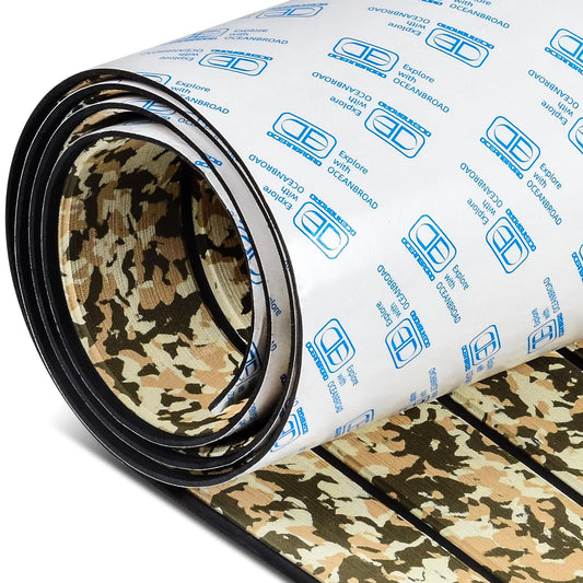 OCEANBROAD Self-Adhesive Camouflage Boat Flooring Sheet 48x16.8‘ Faux Teak EVA Foam Marine Non-Slip Pad Camo Decking for MotorBoats Yacht Helm Pad Jon Boat Floor Camouflage Brown